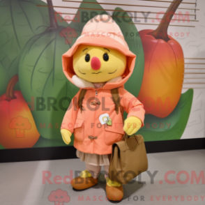 Mascot character of a Peach Scarecrow dressed with a Parka and Tote bags