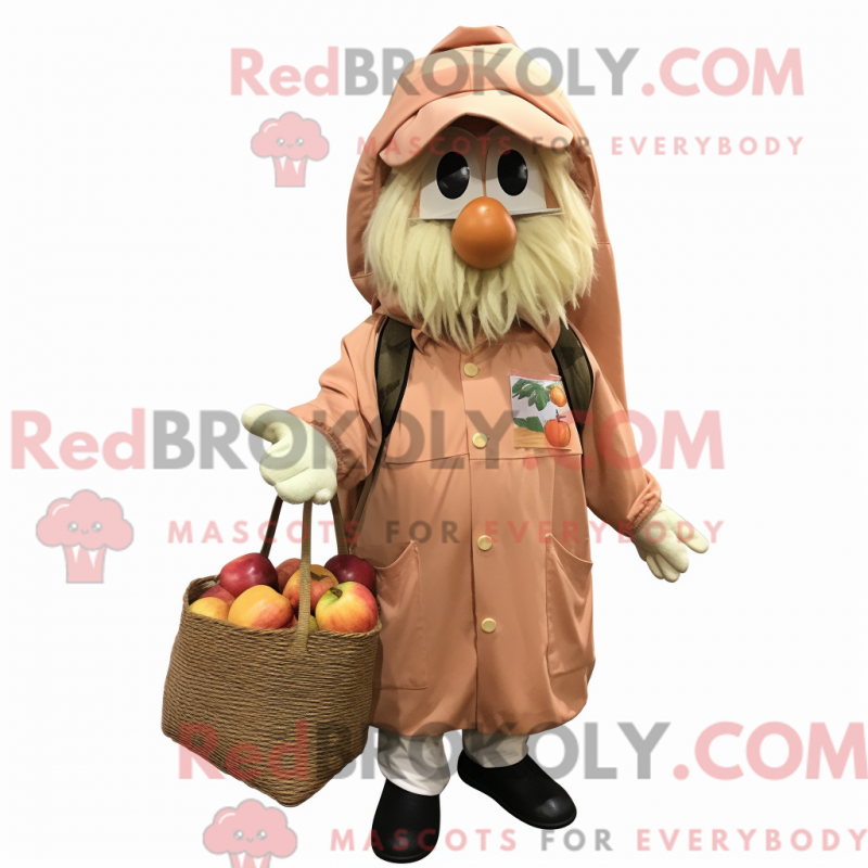 Mascot character of a Peach Scarecrow dressed with a Parka and Tote bags Mascot character of a Peach Scarecrow dressed with a Parka and Tote bags