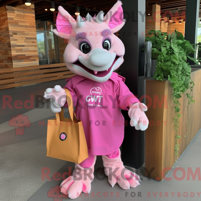 Mascot character of a Pink Gargoyle dressed with a Dress Shirt and Tote bags Mascot character of a Pink Gargoyle dressed with a Dress Shirt and Tote bags