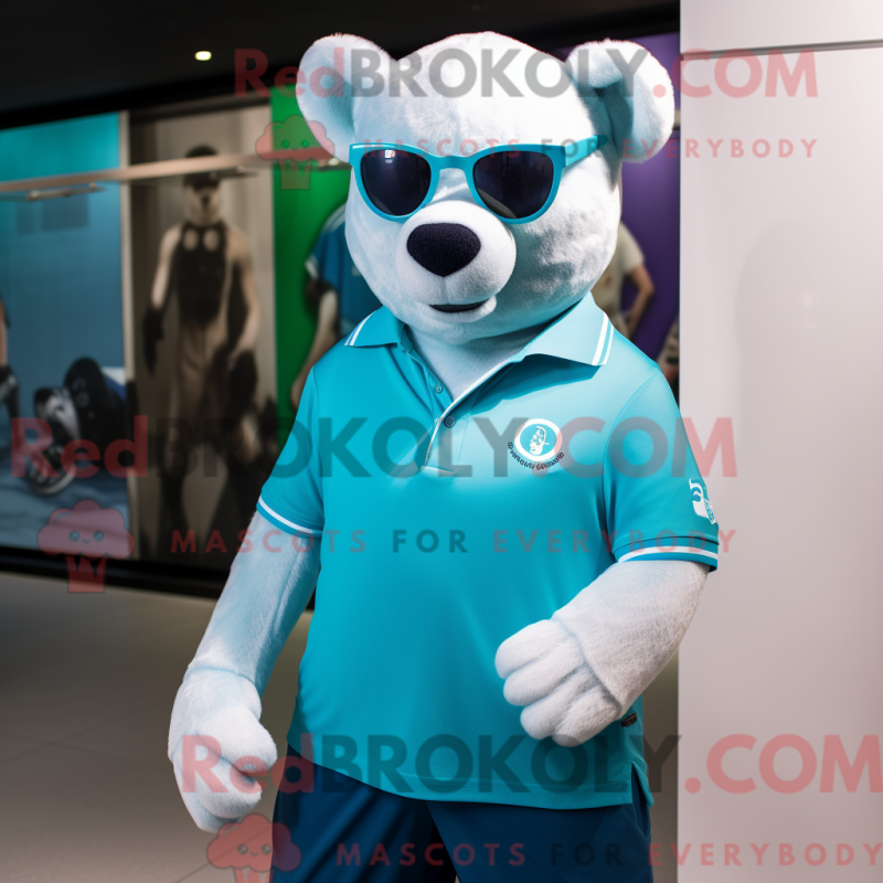 Mascot character of a Cyan Bear dressed with a Polo Tee and Sunglasses Mascot character of a Cyan Bear dressed with a Polo Tee and Sunglasses