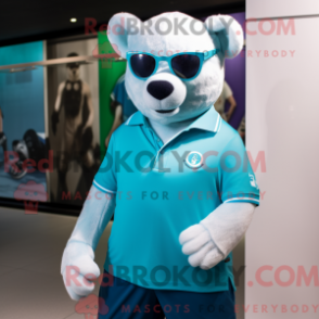 Mascot character of a Cyan Bear dressed with a Polo Tee and Sunglasses