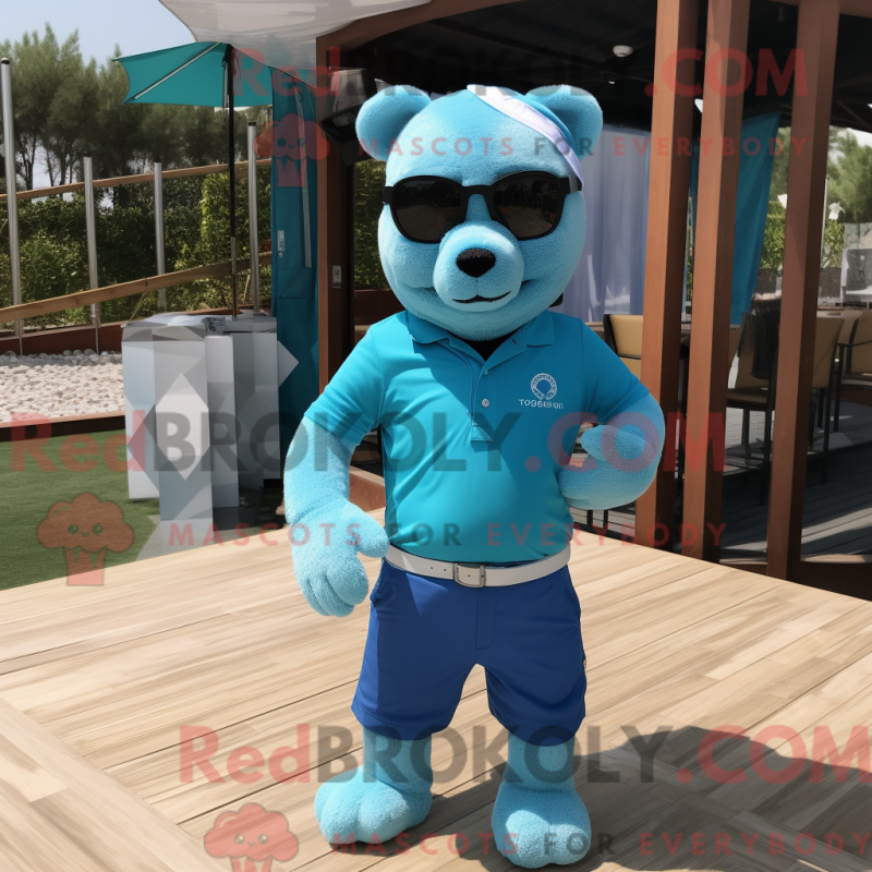 Mascot character of a Cyan Bear dressed with a Polo Tee and Sunglasses Mascot character of a Cyan Bear dressed with a Polo Tee and Sunglasses