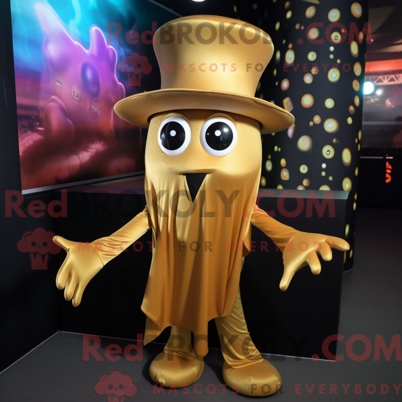 Mascot character of a Gold Squid dressed with a Bodysuit and Hat pins Mascot character of a Gold Squid dressed with a Bodysuit and Hat pins