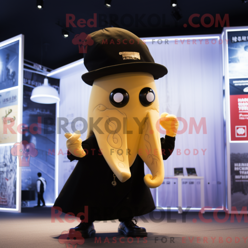 Mascot character of a Gold Squid dressed with a Bodysuit and Hat pins Mascot character of a Gold Squid dressed with a Bodysuit and Hat pins