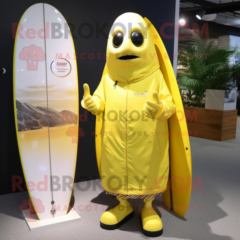 Lemon Yellow Surfboard mascot costume character dressed with a Parka and Cufflinks Lemon Yellow Surfboard mascot costume character dressed with a Parka and Cufflinks