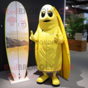 Lemon Yellow Surfboard mascot costume character dressed with a Parka and Cufflinks