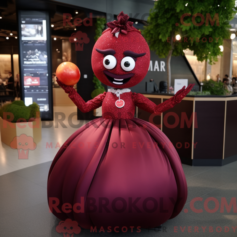 Mascot character of a Maroon Cherry dressed with a Ball Gown and Smartwatches Mascot character of a Maroon Cherry dressed with a Ball Gown and Smartwatches