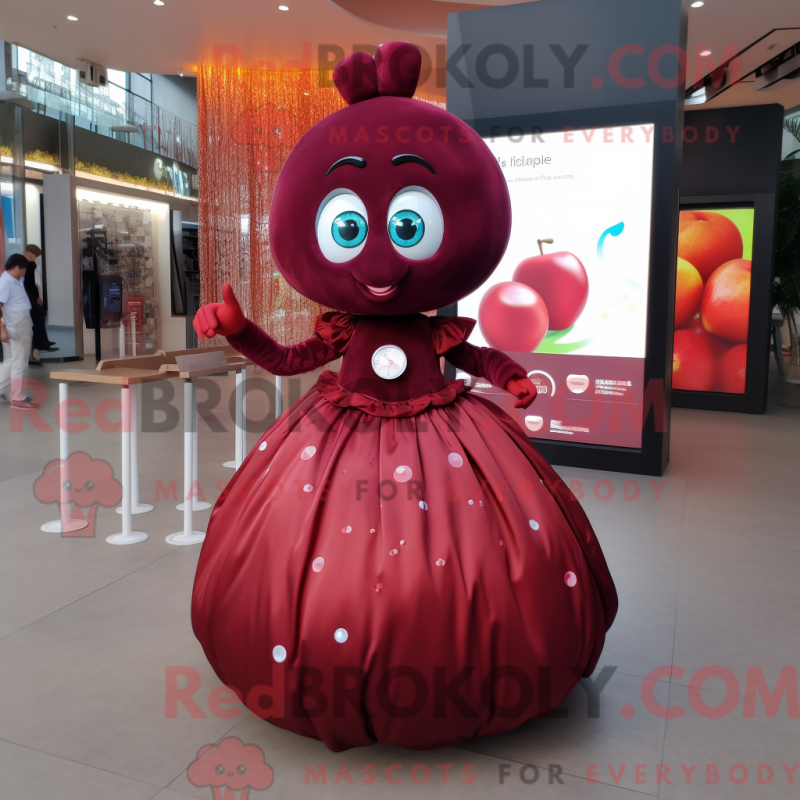Mascot character of a Maroon Cherry dressed with a Ball Gown and Smartwatches Mascot character of a Maroon Cherry dressed with a Ball Gown and Smartwatches