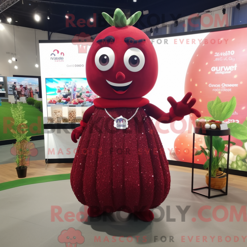 Mascot character of a Maroon Cherry dressed with a Ball Gown and Smartwatches Mascot character of a Maroon Cherry dressed with a Ball Gown and Smartwatches