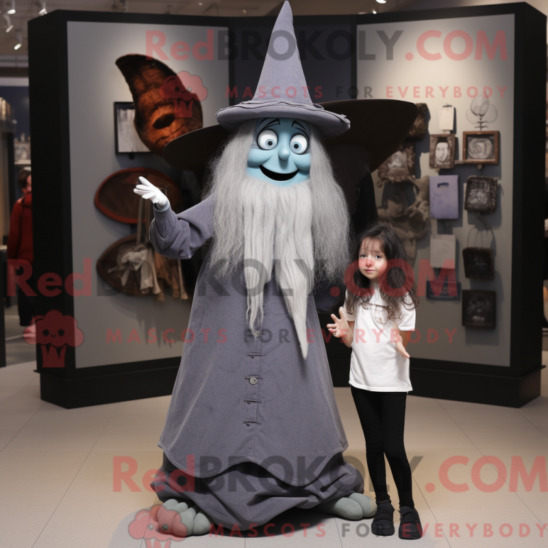 Mascot character of a Gray Witch'S Hat dressed with a Mom Jeans and Cummerbunds Mascot character of a Gray Witch'S Hat dressed with a Mom Jeans and Cummerbunds