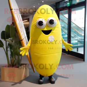 Lemon Yellow Surfboard mascot costume character dressed with a Parka and Cufflinks