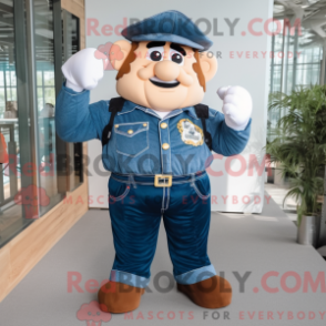 Mascot character of a Navy Strongman dressed with a Denim Shirt and Shoe clips