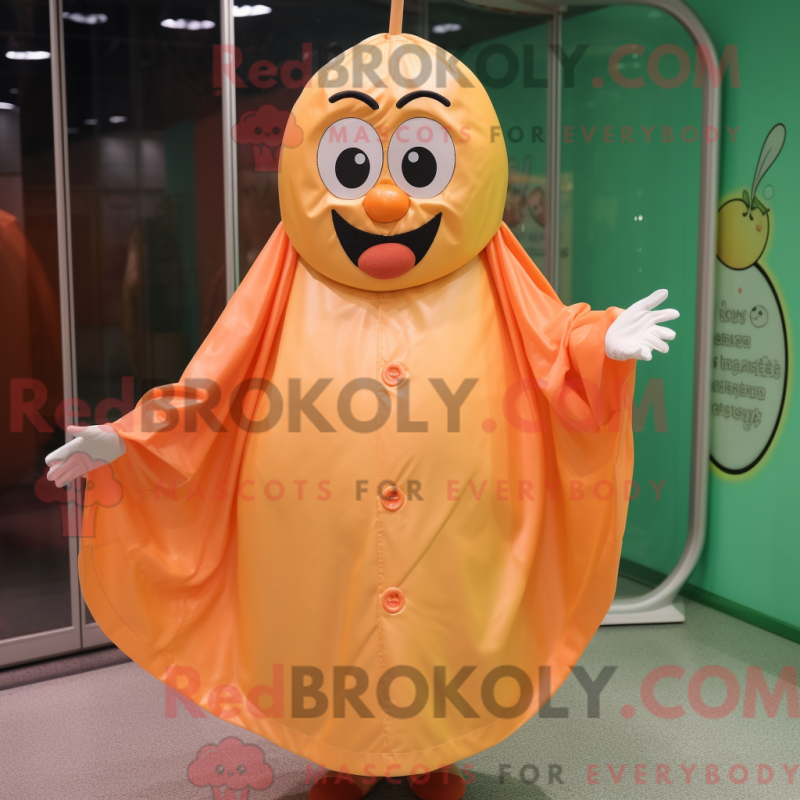 Mascot character of a Peach Spaghetti dressed with a Raincoat and Rings Mascot character of a Peach Spaghetti dressed with a Raincoat and Rings