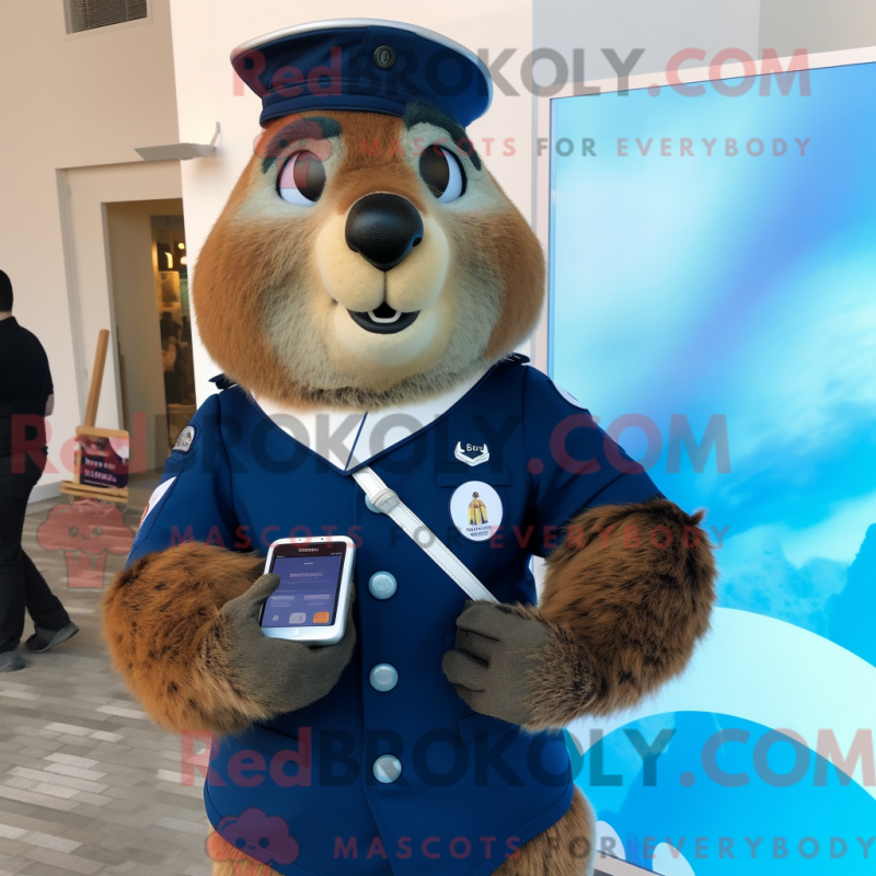 Mascot character of a Navy Marmot dressed with a Poplin Shirt and Smartwatches Mascot character of a Navy Marmot dressed with a Poplin Shirt and Smartwatches