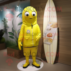Lemon Yellow Surfboard mascot costume character dressed with a Parka and Cufflinks