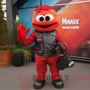 Mascot character of a Red Jambalaya dressed with a Moto Jacket and Wallets