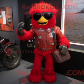 Mascot character of a Red Jambalaya dressed with a Moto Jacket and Wallets