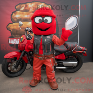 Mascot character of a Red Jambalaya dressed with a Moto Jacket and Wallets