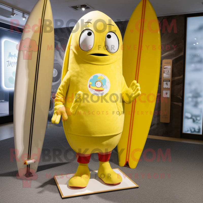 Lemon Yellow Surfboard mascot costume character dressed with a Parka and Cufflinks Lemon Yellow Surfboard mascot costume character dressed with a Parka and Cufflinks