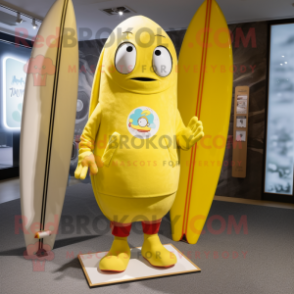 Lemon Yellow Surfboard mascot costume character dressed with a Parka and Cufflinks