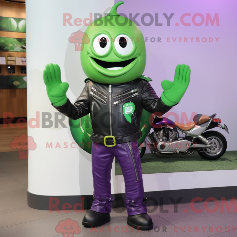 Mascot character of a Green Eggplant dressed with a Moto Jacket and Bracelet watches Mascot character of a Green Eggplant dressed with a Moto Jacket and Bracelet watches