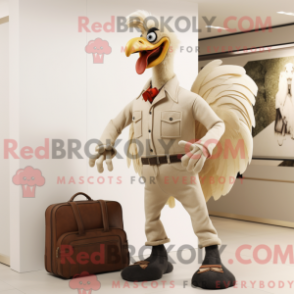 Mascot character of a Beige Roosters dressed with a Bootcut Jeans and Handbags