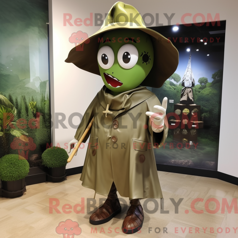 Mascot character of a Olive Steak dressed with a Raincoat and Hat pins Mascot character of a Olive Steak dressed with a Raincoat and Hat pins