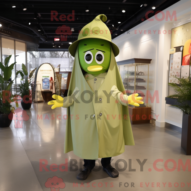 Mascot character of a Olive Steak dressed with a Raincoat and Hat pins Mascot character of a Olive Steak dressed with a Raincoat and Hat pins
