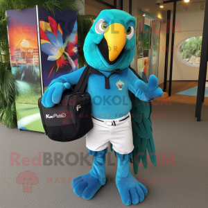 Teal Macaw mascot costume character dressed with a Polo Shirt and Messenger bags