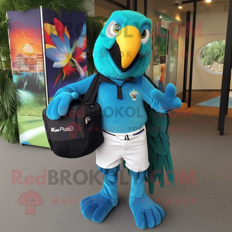 Teal Macaw mascot costume character dressed with a Polo Shirt and Messenger bags