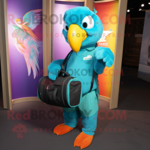 Teal Macaw mascot costume character dressed with a Polo Shirt and Messenger bags