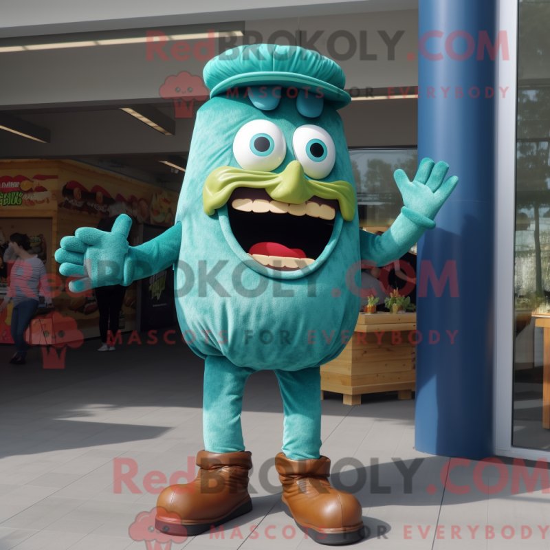 Mascot character of a Teal Hamburger dressed with a Bootcut Jeans and Anklets Mascot character of a Teal Hamburger dressed with a Bootcut Jeans and Anklets