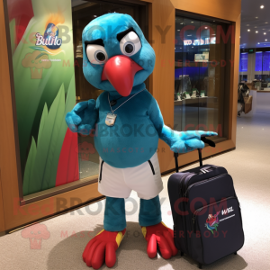 Teal Macaw mascot costume character dressed with a Polo Shirt and Messenger bags