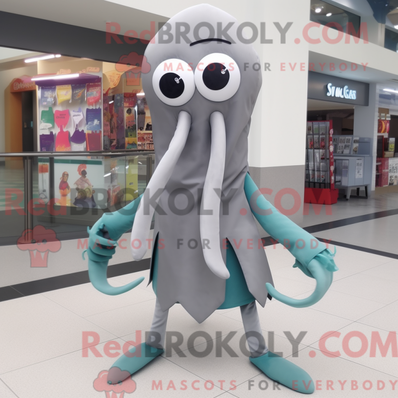 Mascot character of a Gray Squid dressed with a A-Line Dress and Scarf clips Mascot character of a Gray Squid dressed with a A-Line Dress and Scarf clips