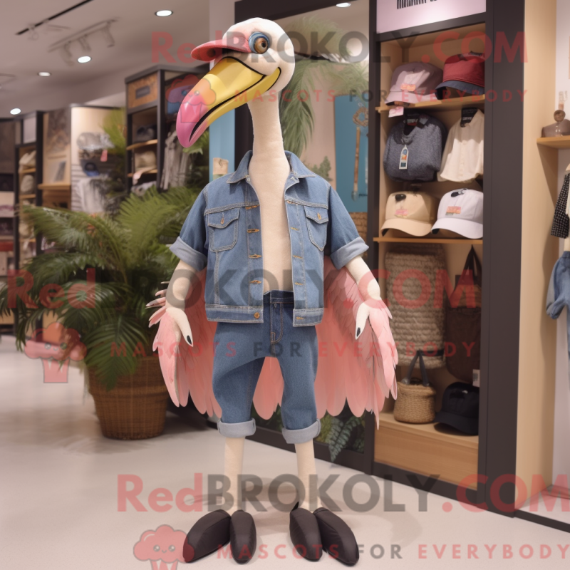 Mascot character of a Beige Flamingo dressed with a Denim Shorts and Ties Mascot character of a Beige Flamingo dressed with a Denim Shorts and Ties