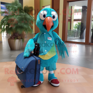 Teal Macaw mascot costume character dressed with a Polo Shirt and Messenger bags
