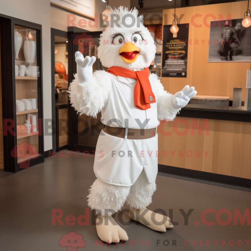 Mascot character of a White Chicken Parmesan dressed with a Chinos and Cummerbunds Mascot character of a White Chicken Parmesan dressed with a Chinos and Cummerbunds