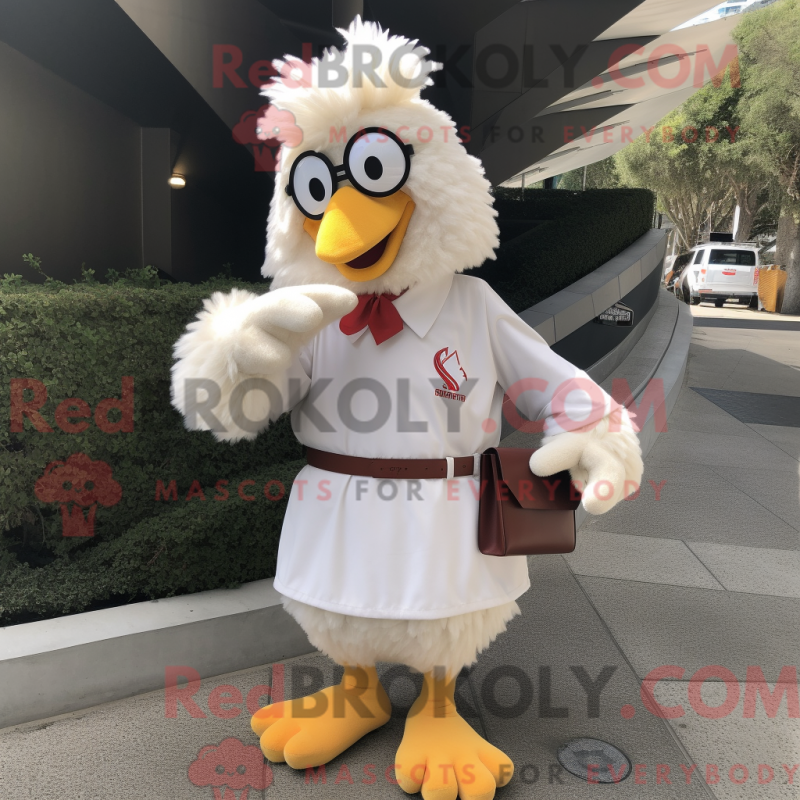 Mascot character of a White Chicken Parmesan dressed with a Chinos and Cummerbunds Mascot character of a White Chicken Parmesan dressed with a Chinos and Cummerbunds
