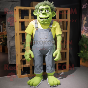 Lime Green Frankenstein'S Monster mascot costume character dressed with a Denim Shorts and Suspenders