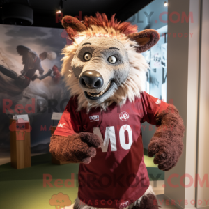 Mascot character of a Maroon Hyena dressed with a Rugby Shirt and Caps