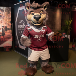 Mascot character of a Maroon Hyena dressed with a Rugby Shirt and Caps