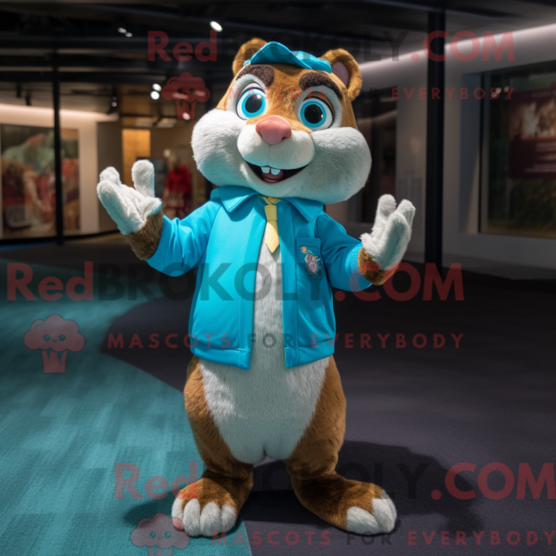 Mascot character of a Turquoise Chipmunk dressed with a Cardigan and Shoe clips Mascot character of a Turquoise Chipmunk dressed with a Cardigan and Shoe clips
