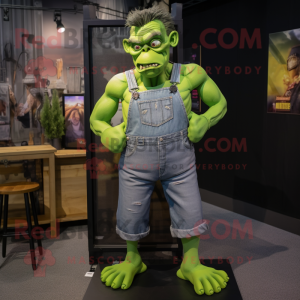 Lime Green Frankenstein'S Monster mascot costume character dressed with a Denim Shorts and Suspenders