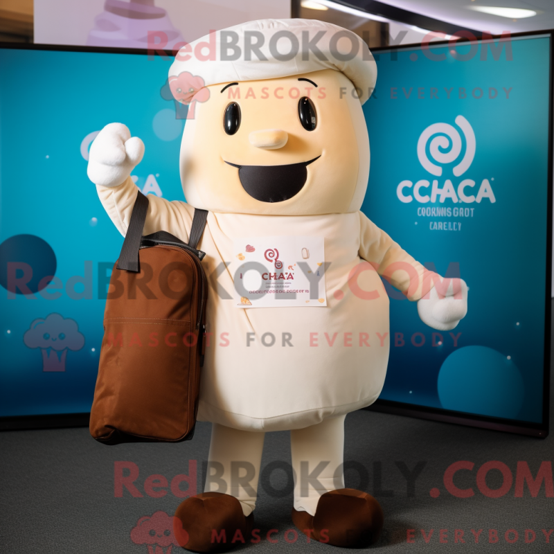 Mascot character of a Cream Ice Cream dressed with a Chinos and Tote bags Mascot character of a Cream Ice Cream dressed with a Chinos and Tote bags