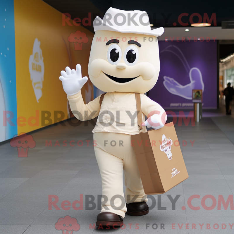 Mascot character of a Cream Ice Cream dressed with a Chinos and Tote bags Mascot character of a Cream Ice Cream dressed with a Chinos and Tote bags
