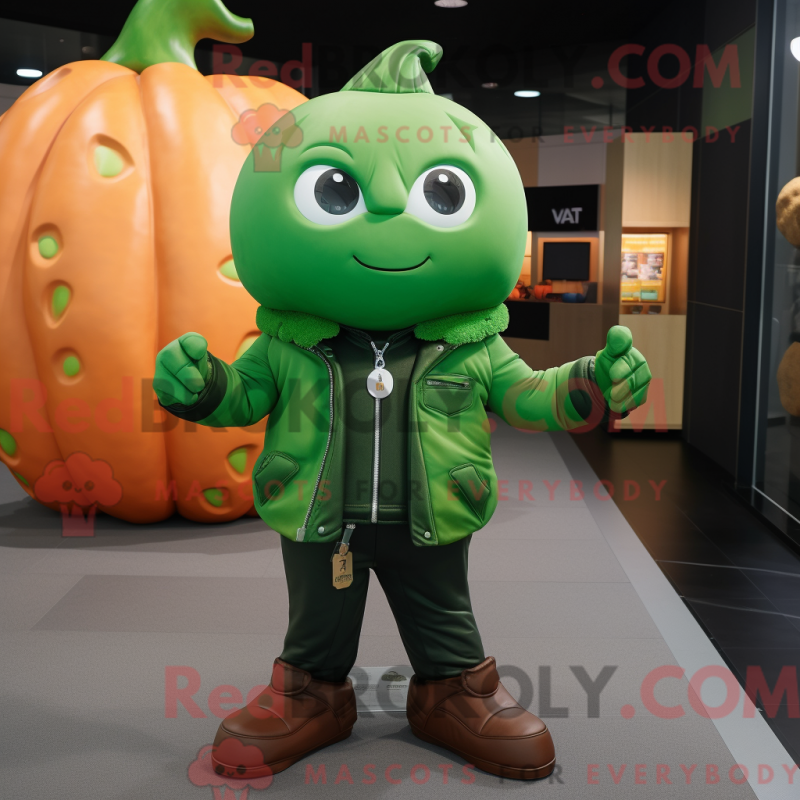 Mascot character of a Green Pumpkin dressed with a Leather Jacket and Smartwatches Mascot character of a Green Pumpkin dressed with a Leather Jacket and Smartwatches