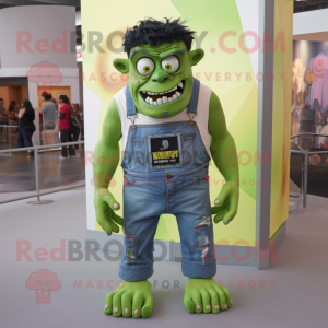 Lime Green Frankenstein'S Monster mascot costume character dressed with a Denim Shorts and Suspenders