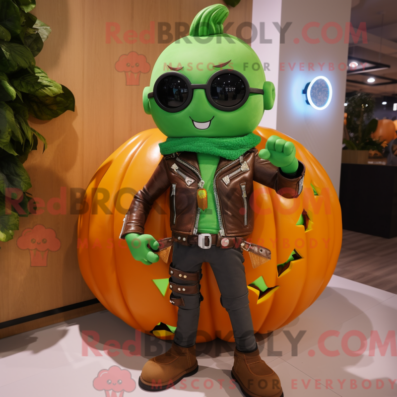 Mascot character of a Green Pumpkin dressed with a Leather Jacket and Smartwatches Mascot character of a Green Pumpkin dressed with a Leather Jacket and Smartwatches