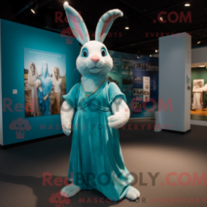 Mascot character of a Turquoise Rabbit dressed with a Maxi Dress and Suspenders