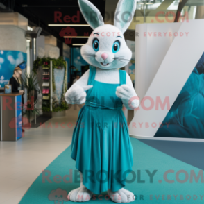 Mascot character of a Turquoise Rabbit dressed with a Maxi Dress and Suspenders